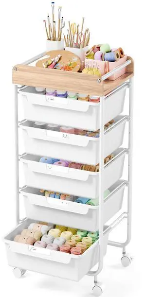 Rolling Cart with 5 Drawers,Art Craft Cart,White Storage Utility Cart with Wheels,Makeup Organizer With Wooden Tabletop Rolling Cart with 5 Drawers,Art Craft Cart,White Storage Utility Cart with Wheels,Makeup Organizer With Wooden Tabletop