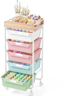 Rolling Storage Utility Cart with 5 Drawers,Colorful Craft Cart with Wheels,Makeup Organizer,Art Supply And Storage Wooden Tabletop Rolling Storage Utility Cart with 5 Drawers,Colorful Craft Cart with Wheels,Makeup Organizer,Art Supply And Storage Wooden Tabletop