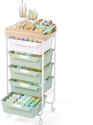 Rolling Storage Utility Cart with 5 Drawers,Green Craft Cart with Wheels,Makeup Organizer,Art Supply And Storage Wooden Tabletop Rolling Storage Utility Cart with 5 Drawers,Green Craft Cart with Wheels,Makeup Organizer,Art Supply And Storage Wooden Tabletop