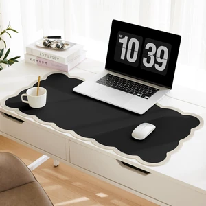 Scalloped Desk Mat, 31.5" x 15.7" Black Beige Large Cute Aesthetic Desk Accessories, PU Leather Computer Laptop Desk Mouse Keyboard Pad, Desk Writing Mat for Vanity/Work/Home Decor Scalloped Desk Mat, 31.5" x 15.7" Black Beige Large Cute Aesthetic Desk Accessories, PU Leather Computer Laptop Desk Mouse Keyboard Pad, Desk Writing Mat for Vanity/Work/Home Decor