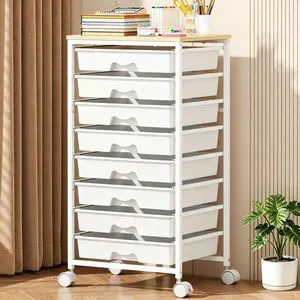 Rolling Cart with 8 Drawers for Art, Dorm, Office, Craft, White Utility Cart Organizer With 8 Removable Drawers and Wooden Tabletop, Lockable Rolling Storage Organizer for Classroom, Home Rolling Cart with 8 Drawers for Art, Dorm, Office, Craft, White Utility Cart Organizer With 8 Removable Drawers and Wooden Tabletop, Lockable Rolling Storage Organizer for Classroom, Home