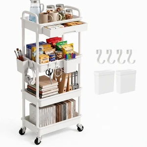 4 Tier Rolling Utility Cart with Drawer, Plastic Storage Organizer Rolling Carts with Wheels Handles Hanging Cups Hooks for Office, Bathroom, Kitchen,Craft Art Room (White) 4 Tier Rolling Utility Cart with Drawer, Plastic Storage Organizer Rolling Carts with Wheels Handles Hanging Cups Hooks for Office, Bathroom, Kitchen,Craft Art Room (White)
