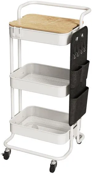 3-Tier Rolling Cart with Table Top, Metal Utility Cart with Side Bags Tray Storage Organizer, Lockable Wheels, 4 Hooks, Art Cart for Kitchen, Bathroom, Office, Craft room, Living room, White 3-Tier Rolling Cart with Table Top, Metal Utility Cart with Side Bags Tray Storage Organizer, Lockable Wheels, 4 Hooks, Art Cart for Kitchen, Bathroom, Office, Craft room, Living room, White