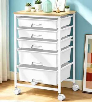 Rolling Carts With 5 Drawers, Storage Drawer Carts for Craft, White Rolling Utility Cart with Wooden Tabletop & 2 Lockable Wheels, Teacher Storage Cart for Classroom School, Makeup, Nail, Art Rolling Carts With 5 Drawers, Storage Drawer Carts for Craft, White Rolling Utility Cart with Wooden Tabletop & 2 Lockable Wheels, Teacher Storage Cart for Classroom School, Makeup, Nail, Art