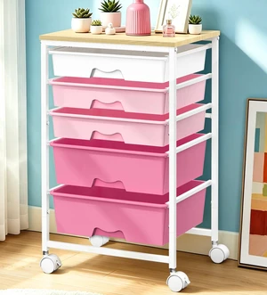 Rolling Carts With 5 Drawers, Storage Drawer Carts for Craft, Pink Rolling Utility Cart with Wooden Tabletop & 2 Lockable Wheels, Teacher Storage Cart for Classroom School, Makeup, Nail, Art Rolling Carts With 5 Drawers, Storage Drawer Carts for Craft, Pink Rolling Utility Cart with Wooden Tabletop & 2 Lockable Wheels, Teacher Storage Cart for Classroom School, Makeup, Nail, Art