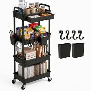 4 Tier Rolling Utility Cart with Drawer, Plastic Storage Organizer Rolling Carts with Wheels Handles Hanging Cups Hooks for Office, Bathroom, Kitchen,Craft Art Room (Black) 4 Tier Rolling Utility Cart with Drawer, Plastic Storage Organizer Rolling Carts with Wheels Handles Hanging Cups Hooks for Office, Bathroom, Kitchen,Craft Art Room (Black)