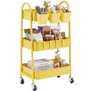 3-Tier Rolling Cart, Utility Cart Mobile Metal Rolling Storage Cart with Lockable Wheels & Hanging Cups & Hooks for Kitchen, Bathroom, Office, Workshop, Yellow 3-Tier Rolling Cart, Utility Cart Mobile Metal Rolling Storage Cart with Lockable Wheels & Hanging Cups & Hooks for Kitchen, Bathroom, Office, Workshop, Yellow