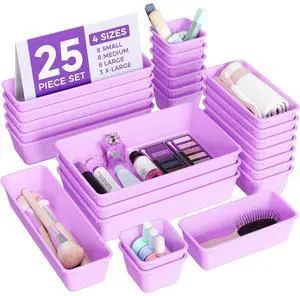 25 PCS Plastic Drawer Organizers Set, 4-Sizes Vanity and Makeup Organizer, Desk and bathroom Drawer Organizer Trays, Organizers and Storage for Makeup, Jewelry, Gadgets, Utensils (Purple) 25 PCS Plastic Drawer Organizers Set, 4-Sizes Vanity and Makeup Organizer, Desk and bathroom Drawer Organizer Trays, Organizers and Storage for Makeup, Jewelry, Gadgets, Utensils (Purple)