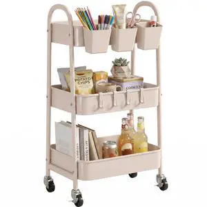 3-Tier Rolling Cart, Utility Cart Mobile Metal Rolling Storage Cart with Lockable Wheels & Hanging Cups & Hooks for Kitchen, Bathroom, Office, Workshop, Beige 3-Tier Rolling Cart, Utility Cart Mobile Metal Rolling Storage Cart with Lockable Wheels & Hanging Cups & Hooks for Kitchen, Bathroom, Office, Workshop, Beige