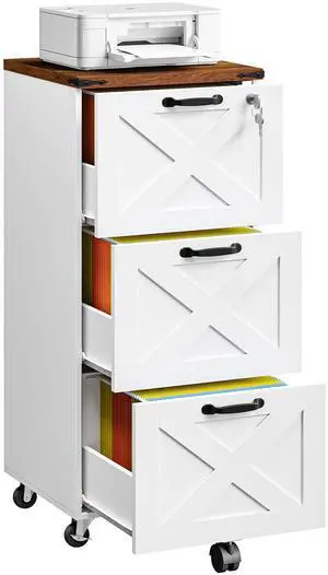 3 Drawer File Cabinet with Lock, Mobile Filing Cabinet for Home Office, Wooden Farmhouse Office Storage Cabinet, Printer Stand Fits Letter and A4 Size, Walnut and White WH93WJ01G1 3 Drawer File Cabinet with Lock, Mobile Filing Cabinet for Home Office, Wooden Farmhouse Office Storage Cabinet, Printer Stand Fits Letter and A4 Size, Walnut and White WH93WJ01G1