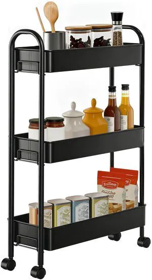 Slim Rolling Cart, Metal Frame Utility Rolling 3-Tier Narrow Storage Cart Kitchen Storage Organizer, Mobile Shelving Unit for Bathroom Kitchen Slim Rolling Cart, Metal Frame Utility Rolling 3-Tier Narrow Storage Cart Kitchen Storage Organizer, Mobile Shelving Unit for Bathroom Kitchen