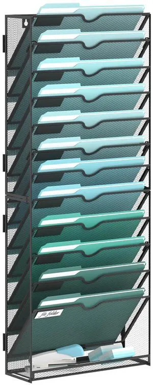 13-Tier Wall File Organizer, Hanging File Holder, Wall Mounted Mail Sorter Metal Mesh Hanging File Organizer with Open Compartments and Label Panels for Papers and Folders at Home, Office or School 13-Tier Wall File Organizer, Hanging File Holder, Wall Mounted Mail Sorter Metal Mesh Hanging File Organizer with Open Compartments and Label Panels for Papers and Folders at Home, Office or School