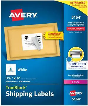 Printable Shipping Labels with Sure Feed, 3-1/3" x 4", White, 600 Blank Mailing Labels for Laser Printers (5164) Printable Shipping Labels with Sure Feed, 3-1/3" x 4", White, 600 Blank Mailing Labels for Laser Printers (5164)