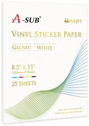 Vinyl Sticker Paper for Inkjet Printer, Glossy Waterproof, 25 Sheets 8.5x11 Inch, Printable Vinyl for Custom Stickers Vinyl Sticker Paper for Inkjet Printer, Glossy Waterproof, 25 Sheets 8.5x11 Inch, Printable Vinyl for Custom Stickers