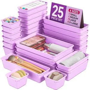 25 PCS Plastic Drawer Organizers Set, 4 Sizes Vanity Organizer, Makeup and Desk Drawer Organizer Trays, Organization and Storage for Makeup, Bathroom, Kitchen Utensils and Office (Purple) 25 PCS Plastic Drawer Organizers Set, 4 Sizes Vanity Organizer, Makeup and Desk Drawer Organizer Trays, Organization and Storage for Makeup, Bathroom, Kitchen Utensils and Office (Purple)