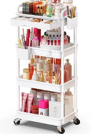 Makeup Cart Organizer with Drawer,4 Tier Rolling Makeup Cart, White Rolling Vanity Storage for Skin Care Perfume Nail Polish, Floor Skincare Organizers Cosmetics Display Bathroom Storage Cart Makeup Cart Organizer with Drawer,4 Tier Rolling Makeup Cart, White Rolling Vanity Storage for Skin Care Perfume Nail Polish, Floor Skincare Organizers Cosmetics Display Bathroom Storage Cart