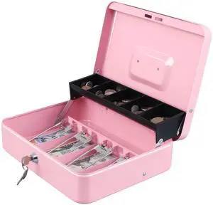 Cash Box with Key Lock, Metal Money Box, Safe Storage box, Pink Cash Box with Money Tray and Key Lock,Tiered, Cantilever Design,4 Bill / 5 Coin Slots,11.8" x 9.5" x 3.5" Cash Box with Key Lock, Metal Money Box, Safe Storage box, Pink Cash Box with Money Tray and Key Lock,Tiered, Cantilever Design,4 Bill / 5 Coin Slots,11.8" x 9.5" x 3.5"