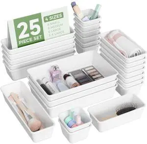 25 PCS Plastic Drawer Organizers Set, 4-Sizes Vanity and Makeup Organizer, Desk and bathroom Drawer Organizer Trays, Organizers and Storage for Makeup, Jewelry, Gadgets, Utensils (White) 25 PCS Plastic Drawer Organizers Set, 4-Sizes Vanity and Makeup Organizer, Desk and bathroom Drawer Organizer Trays, Organizers and Storage for Makeup, Jewelry, Gadgets, Utensils (White)