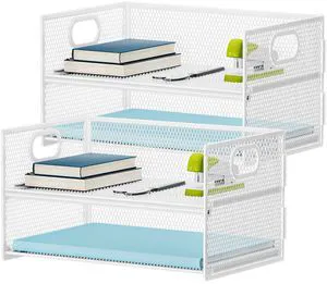 2 Tier Paper Organizer Letter Tray, Mesh File Organizer with Handle, Paper Sorter Desk Organizer for Home Office Supplies - 2P White 2 Tier Paper Organizer Letter Tray, Mesh File Organizer with Handle, Paper Sorter Desk Organizer for Home Office Supplies - 2P White