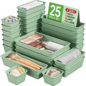 25 PCS Plastic Drawer Organizers Set, 4 Sizes Vanity Organizer, Makeup and Desk Drawer Organizer Trays, Organization and Storage for Makeup, Bathroom, Kitchen Utensils and Office (Green) 25 PCS Plastic Drawer Organizers Set, 4 Sizes Vanity Organizer, Makeup and Desk Drawer Organizer Trays, Organization and Storage for Makeup, Bathroom, Kitchen Utensils and Office (Green)