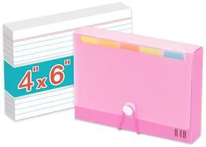 4x6 Index Card Case with 100 Ruled Index Cards and Dividers, Pink Plastic Case, Heavyweight Index Cards, Colored Dividers 4x6 Index Card Case with 100 Ruled Index Cards and Dividers, Pink Plastic Case, Heavyweight Index Cards, Colored Dividers