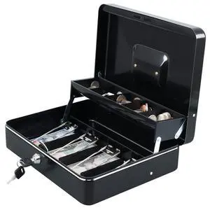 Cash Box with Key Lock, Metal Money Box, Safe Storage box, Black Cash Box with Money Tray and Key Lock,Tiered, Cantilever Design,4 Bill / 5 Coin Slots,11.8" x 9.5" x 3.5" Cash Box with Key Lock, Metal Money Box, Safe Storage box, Black Cash Box with Money Tray and Key Lock,Tiered, Cantilever Design,4 Bill / 5 Coin Slots,11.8" x 9.5" x 3.5"