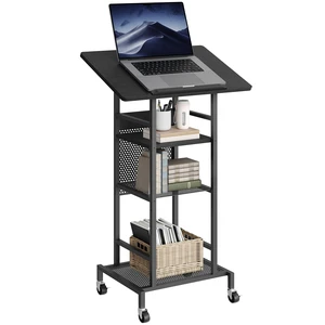 Podium Stand with Locking Wheels, 4-Tier Mobile Lectern with Storage Shelves and Non-Slip Lip, for Classroom, Church, Conference Standing Desk, Black LPBK6001 Podium Stand with Locking Wheels, 4-Tier Mobile Lectern with Storage Shelves and Non-Slip Lip, for Classroom, Church, Conference Standing Desk, Black LPBK6001
