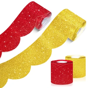 140Ft Glitter Scalloped Bulletin Board Borders - 2 Rolls Red & Gold Rolled Border Trim with Wavy Line Design, Shiny Decorative Roll for School, Classroom & Office 140Ft Glitter Scalloped Bulletin Board Borders - 2 Rolls Red & Gold Rolled Border Trim with Wavy Line Design, Shiny Decorative Roll for School, Classroom & Office