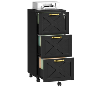 3 Drawer File Cabinet with Lock, Mobile Filing Cabinet for Home Office, Wooden Farmhouse Office Storage Cabinet, Printer Stand Fits Letter and A4 Size, Black BK93WJ01 3 Drawer File Cabinet with Lock, Mobile Filing Cabinet for Home Office, Wooden Farmhouse Office Storage Cabinet, Printer Stand Fits Letter and A4 Size, Black BK93WJ01