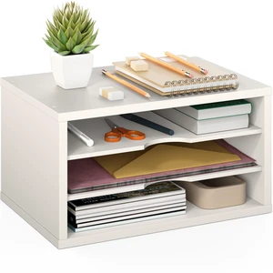 File Organizer, 3-Tier Document Paper Sorter, Stackable Wood Desk Organizer, Mail Sorter and Monitor Stand with Storage Shelves, White File Organizer, 3-Tier Document Paper Sorter, Stackable Wood Desk Organizer, Mail Sorter and Monitor Stand with Storage Shelves, White