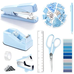 Blue Desk Accessories, Blue Office Supplies Accessories with Tape Dispenser, Stapler, Staple Remover, 1000 Staples, Tape, Clips Set, Ruler, Scissor, Pen Blue Desk Accessories, Blue Office Supplies Accessories with Tape Dispenser, Stapler, Staple Remover, 1000 Staples, Tape, Clips Set, Ruler, Scissor, Pen