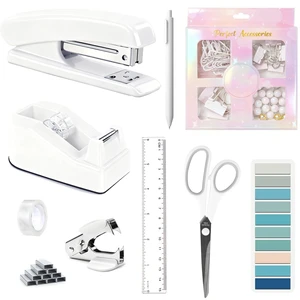 Office Desk Accessories, White Office Supplies Accessories with Tape Dispenser, Stapler, Staple Remover, 1000 Staples, Tape, Clips Set, Ruler, Scissor, Pen Office Desk Accessories, White Office Supplies Accessories with Tape Dispenser, Stapler, Staple Remover, 1000 Staples, Tape, Clips Set, Ruler, Scissor, Pen