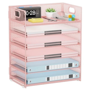 Pink Paper Organizer for Desk with Handle, 6-Tier Metal Mesh File Organizer, Stackable Desktop Organizer for Office Supplies & Stationery Storage Pink Paper Organizer for Desk with Handle, 6-Tier Metal Mesh File Organizer, Stackable Desktop Organizer for Office Supplies & Stationery Storage