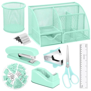 Green Desk Organizers and Accessories, Teal Office Supplies Set Green Mesh Desk Organizer, Stapler, Tape Dispenser, 1000 Staples, Staple Remover, Pen Holder, Clips Set, Ruler, Scissors Green Desk Organizers and Accessories, Teal Office Supplies Set Green Mesh Desk Organizer, Stapler, Tape Dispenser, 1000 Staples, Staple Remover, Pen Holder, Clips Set, Ruler, Scissors