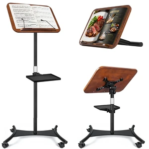 2 in 1 Dual-use Music Stand & Desktop Book Stand, Adjustable Height 16.5"-51", 100% Solid Wood Laptop Floor Stand Book Holder with Elastic Page Clips for Cookbooks (Black Walnut with Tray and Wheels) 2 in 1 Dual-use Music Stand & Desktop Book Stand, Adjustable Height 16.5"-51", 100% Solid Wood Laptop Floor Stand Book Holder with Elastic Page Clips for Cookbooks (Black Walnut with Tray and Wheels)