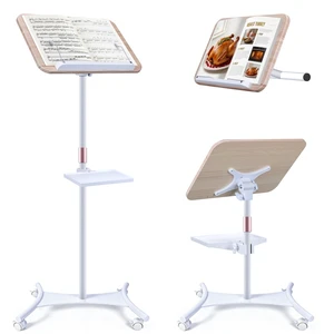 2 in 1 Dual-use Music Stand & Desktop Book Stand, Adjustable Height 16.5"-51", 100% Solid Wood Laptop Floor Stand Book Holder with Elastic Page Clips for Cookbooks (White with Tray and Wheels) 2 in 1 Dual-use Music Stand & Desktop Book Stand, Adjustable Height 16.5"-51", 100% Solid Wood Laptop Floor Stand Book Holder with Elastic Page Clips for Cookbooks (White with Tray and Wheels)
