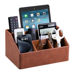 PU Leather Desk Organizer, Remote Control Holder (Brown) Luxury Nightstand Organizer for Home, Office Desk Accessories, Bedside Table Caddy with 5 Compartments, Velvet Lining PU Leather Desk Organizer, Remote Control Holder (Brown) Luxury Nightstand Organizer for Home, Office Desk Accessories, Bedside Table Caddy with 5 Compartments, Velvet Lining