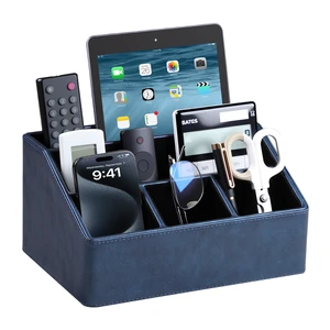 PU Leather Desk Organizer, Remote Control Holder (Dark Blue) Luxury Nightstand Organizer for Home, Office Desk Accessories, Bedside Table Caddy with 5 Compartments, Velvet Lining PU Leather Desk Organizer, Remote Control Holder (Dark Blue) Luxury Nightstand Organizer for Home, Office Desk Accessories, Bedside Table Caddy with 5 Compartments, Velvet Lining