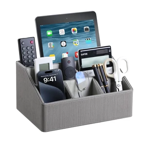 PU Leather Desk Organizer, Remote Control Holder (Grey) Luxury Nightstand Organizer for Home, Office Desk Accessories, Bedside Table Caddy with 5 Compartments, Velvet Lining PU Leather Desk Organizer, Remote Control Holder (Grey) Luxury Nightstand Organizer for Home, Office Desk Accessories, Bedside Table Caddy with 5 Compartments, Velvet Lining