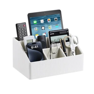 PU Leather Desk Organizer, Remote Control Holder (Ivory) Luxury Nightstand Organizer for Home, Office Desk Accessories, Bedside Table Caddy with 5 Compartments, Velvet Lining PU Leather Desk Organizer, Remote Control Holder (Ivory) Luxury Nightstand Organizer for Home, Office Desk Accessories, Bedside Table Caddy with 5 Compartments, Velvet Lining