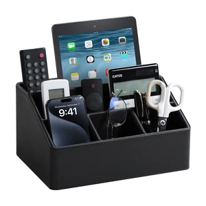 PU Leather Desk Organizer, Remote Control Holder (Black) Luxury Nightstand Organizer for Home, Office Desk Accessories, Bedside Table Caddy with 5 Compartments, Velvet Lining PU Leather Desk Organizer, Remote Control Holder (Black) Luxury Nightstand Organizer for Home, Office Desk Accessories, Bedside Table Caddy with 5 Compartments, Velvet Lining