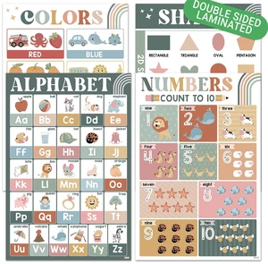 ABC Alphabet Poster, 4 Pack 16x24 Modern Boho Chart Educational Number Color Shape for Classroom Decor, Learning Chart, Homeschool Supplies, Double Laminated ABC Alphabet Poster, 4 Pack 16x24 Modern Boho Chart Educational Number Color Shape for Classroom Decor, Learning Chart, Homeschool Supplies, Double Laminated