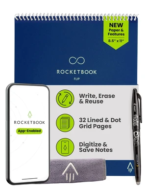 Flip Reusable Smart Notepad, Letter Size 8.5x11, Navy Blue Top Bound Spiral Notebook, Lined and Dotted Pages, Includes Pen and Towel Flip Reusable Smart Notepad, Letter Size 8.5x11, Navy Blue Top Bound Spiral Notebook, Lined and Dotted Pages, Includes Pen and Towel