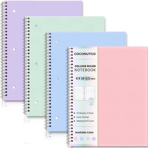 4 Pack Spiral Notebooks, 1 Subject College Ruled, 10.5 x 8 in, 70 Sheets Each, 3-Hole Punched Perforated Pages, Plastic Covers with Pockets, Silver Coil, Assorted Colors 4 Pack Spiral Notebooks, 1 Subject College Ruled, 10.5 x 8 in, 70 Sheets Each, 3-Hole Punched Perforated Pages, Plastic Covers with Pockets, Silver Coil, Assorted Colors