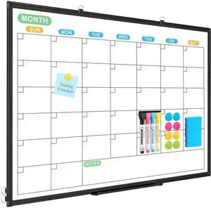Dry Erase Calendar Whiteboard for Wall, 36" x 24" Month White Board Black Double-Sided Magnetic, Monthly Calendar Whiteboard, Aluminum Frame, Hanging Wall Mount, Home Office School Dry Erase Calendar Whiteboard for Wall, 36" x 24" Month White Board Black Double-Sided Magnetic, Monthly Calendar Whiteboard, Aluminum Frame, Hanging Wall Mount, Home Office School