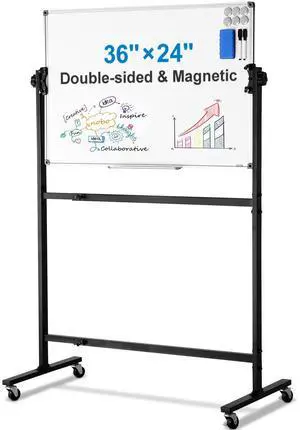 Rolling Magnetic Whiteboard, Double-Sided Mobile Whiteboard 36x24 Inches, 360° Reversible Adjustable Height Dry Erase Board with Wheels & Movable Tray for Office, School Rolling Magnetic Whiteboard, Double-Sided Mobile Whiteboard 36x24 Inches, 360° Reversible Adjustable Height Dry Erase Board with Wheels & Movable Tray for Office, School