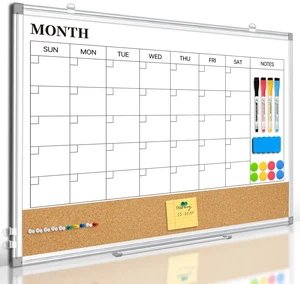 Monthly Dry Erase Calendar Whiteboard with Corkboard, 36" x 24", Silver Magnetic, White Board Cork Board Combo, Double Sided, Wall Mounted, Aluminum Frame, for Home, Office, Kitchen, Dorm Monthly Dry Erase Calendar Whiteboard with Corkboard, 36" x 24", Silver Magnetic, White Board Cork Board Combo, Double Sided, Wall Mounted, Aluminum Frame, for Home, Office, Kitchen, Dorm