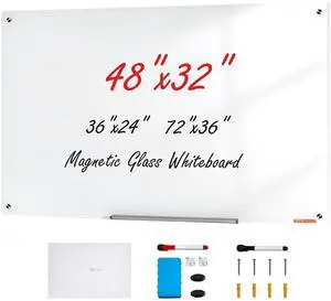 Magnetic Glass Writing Board, Erasable 48"x32", Frameless Wall Hanging White Glassboard, Includes Marker Holder, an Eraser, and 2 Writing Pens, White Magnetic Glass Writing Board, Erasable 48"x32", Frameless Wall Hanging White Glassboard, Includes Marker Holder, an Eraser, and 2 Writing Pens, White