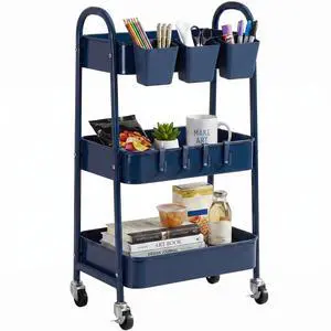 3-Tier Rolling Cart, Utility Cart Mobile Metal Rolling Storage Cart with Lockable Wheels & Hanging Cups & Hooks for Kitchen, Bathroom, Office, Workshop, Dark Blue 3-Tier Rolling Cart, Utility Cart Mobile Metal Rolling Storage Cart with Lockable Wheels & Hanging Cups & Hooks for Kitchen, Bathroom, Office, Workshop, Dark Blue