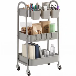 3-Tier Rolling Cart, Metal Rolling Storage Cart with Lockable Wheels & Hanging Cups & Hooks, Mobile Trolley Cart for Kitchen, Bathroom, Office, Workshop, Gray 3-Tier Rolling Cart, Metal Rolling Storage Cart with Lockable Wheels & Hanging Cups & Hooks, Mobile Trolley Cart for Kitchen, Bathroom, Office, Workshop, Gray